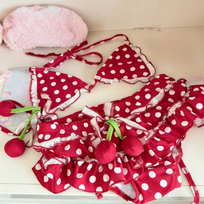 Sexy Kawaii Dot Ruffles Beach Party 2 Piece Set Women Lolita Lace Up Halter Bra Tops + Shorts Summer Bathing Suit Swimwear New