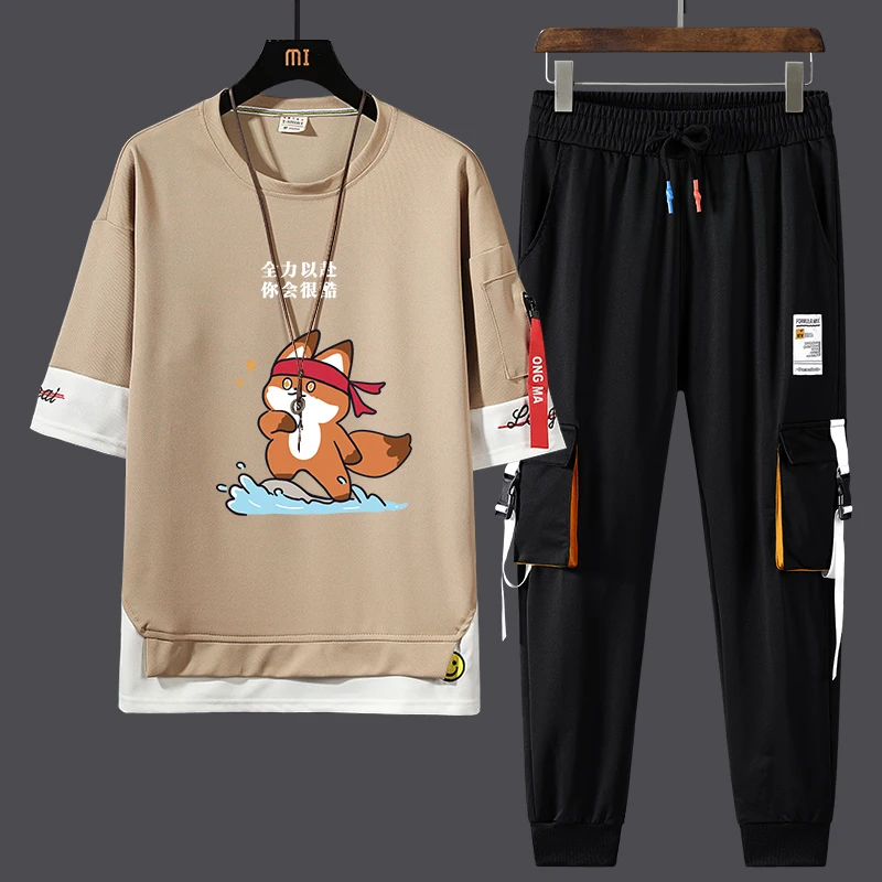 

Мужской летний повседневный комплект из двух предметов: футболка и шорты из ледяного шелка, 2024, подходит для подростков, полиэстер