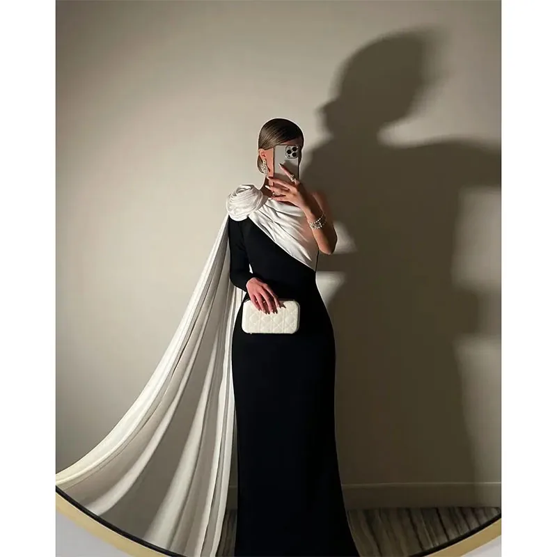 Classy Contrast Prom Dresses One Shoulder Cape Pleated Floor Length Evening Gowns Saudi Arabia Wedding Party Dresses