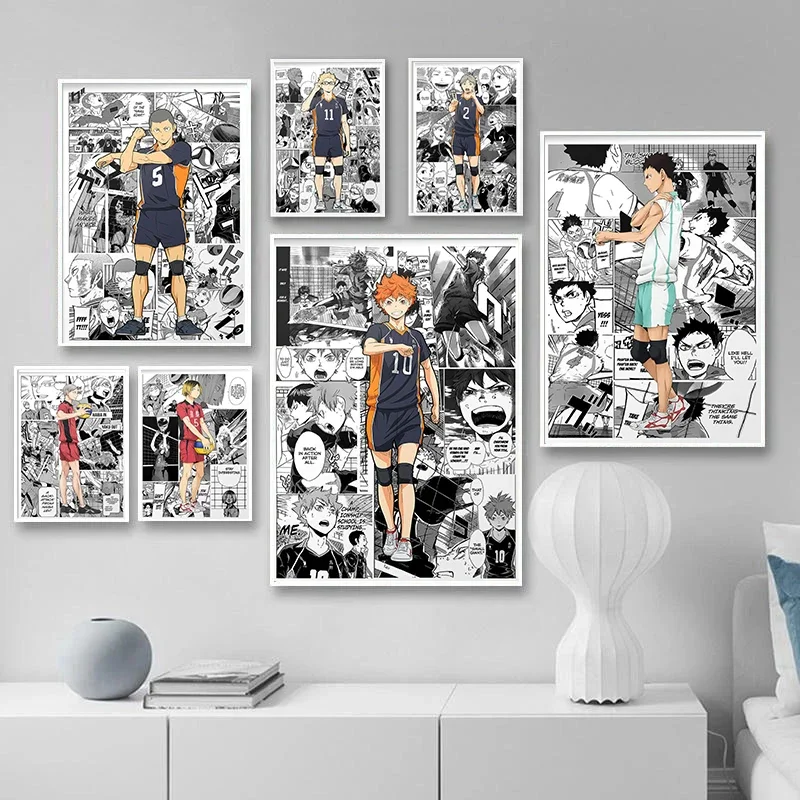Pintura en lienzo, arte de pared, póster de Haikyuu, figura de Anime Pop en blanco y negro, Manga, decoración de habitación Kawaii para niños, carteles de voleibol, regalo