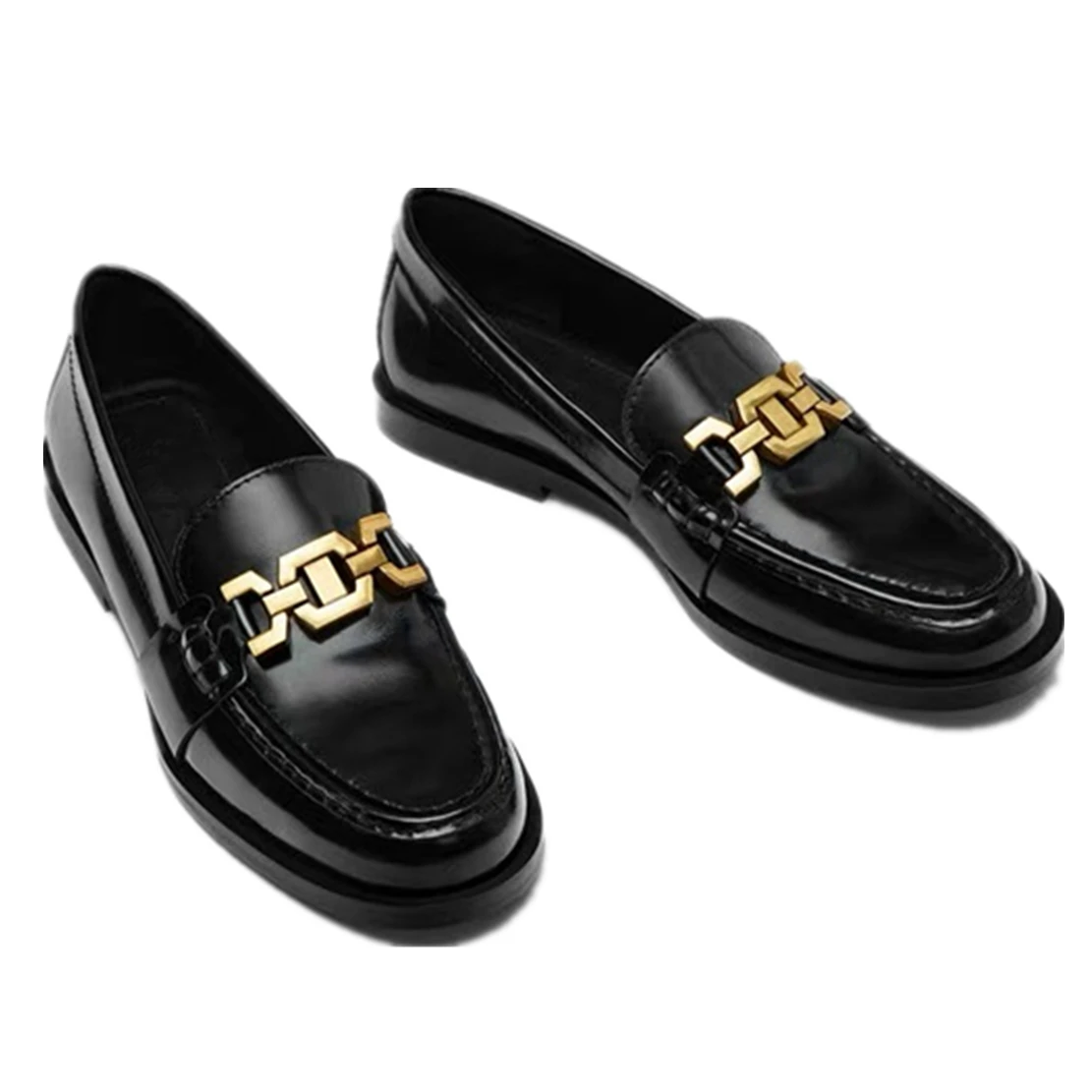 

Dave&Di Shoes Women Fashion Minimalist Genuine Leather Slip-On Loafers Vintage Gold Buckle Women Chain Flat Shoes Ladies