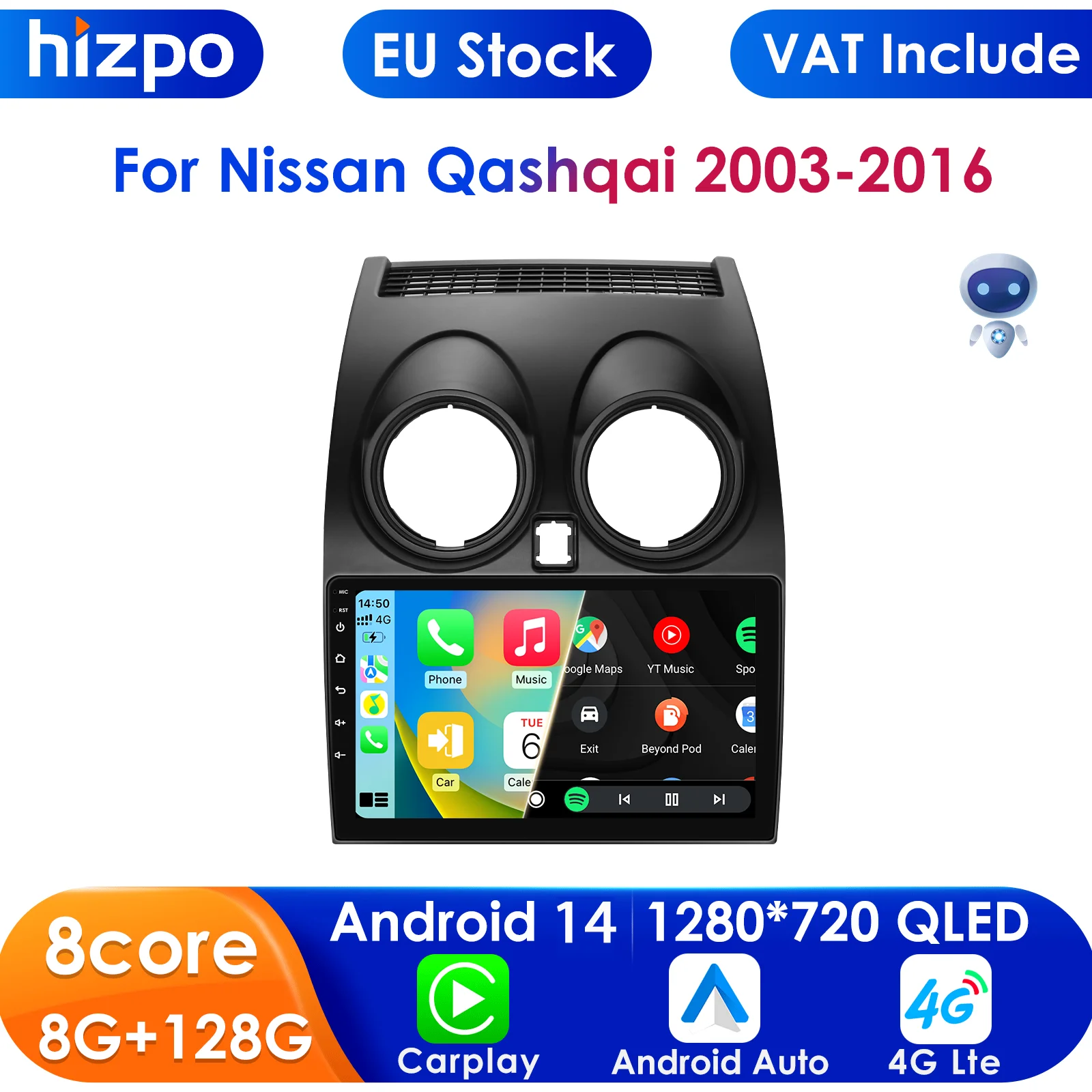 Hizpo 9 ''2din AI voz Radio de coche Android Auto Multimedia para Nissan Qashqai J10 2006 2007 2008-2013 Carplay 4G GPS autoradio