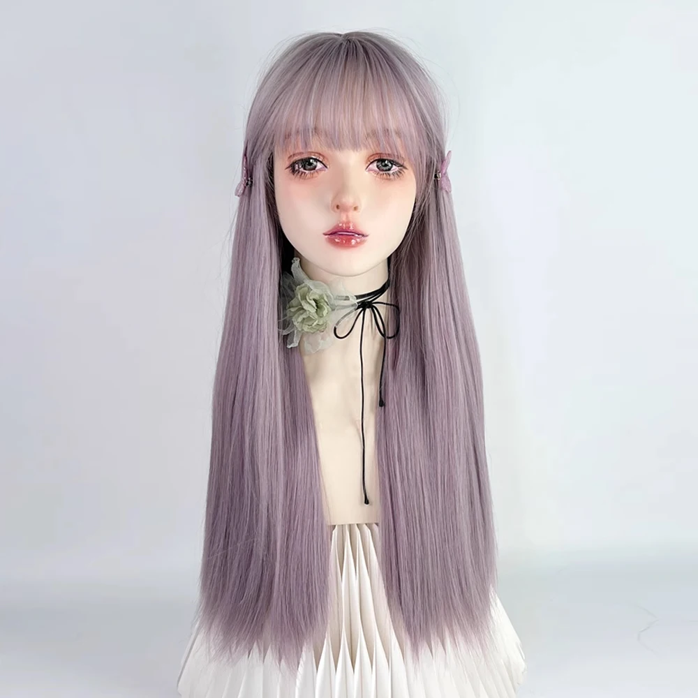 Gray Purple Synthetic Long Straight Women Wig with Bangs Middle Part Lolita Cosplay Fluffy Hair Wig for Daily Party