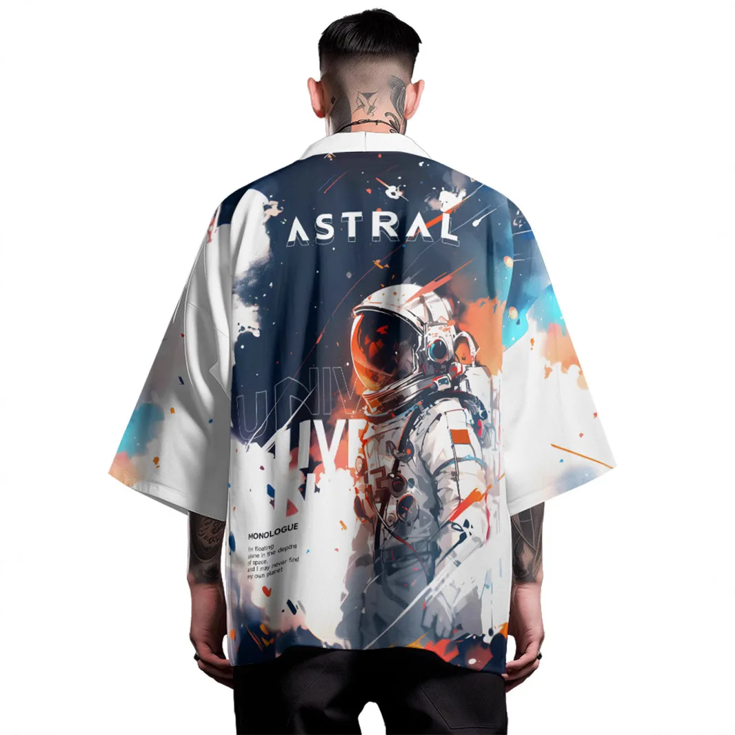 

Beach Astronaut Print Kimono Cardigan Men Shirts Oversized Yukata Haori Traditional Asian Clothing Plus Size