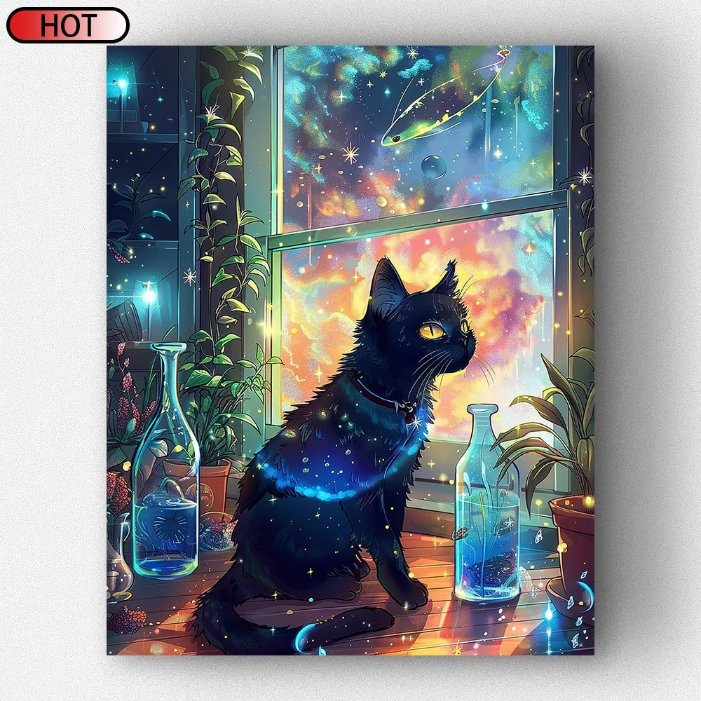 

FOREVER YOUNG DIY Diamond Painting Dreamy Starry Night Black Cat Full Resin Square AB Diamonds Crafts Diamond Home Decor Gift