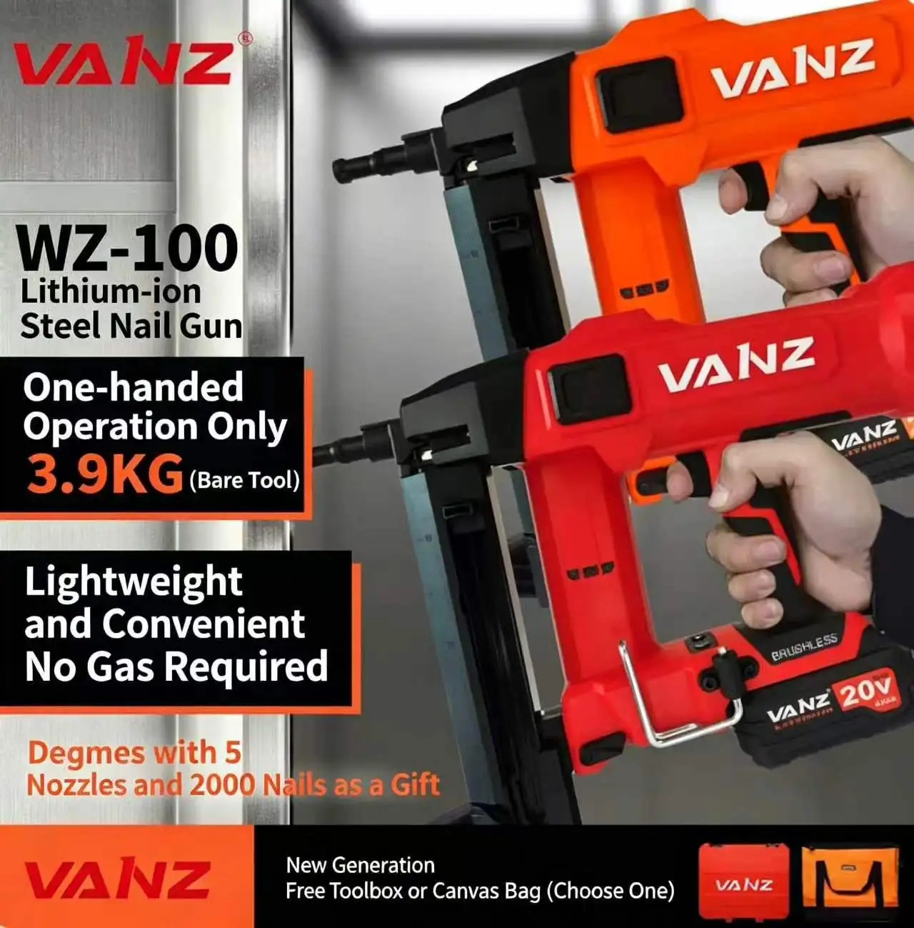 

VANZ WZ-100 Airless Cordless Concrete Nail Gun, 3-color Assist, with optional battery and toolbox, comes with nails as a gift
