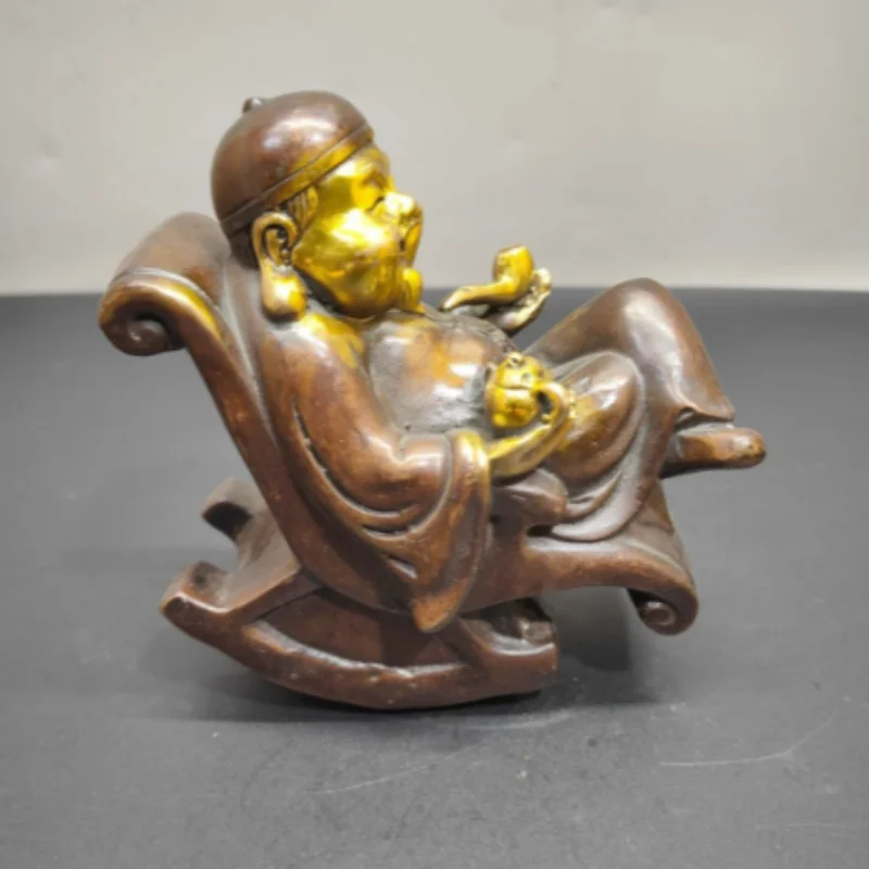 Antique Gilded Copper Landlord Figure Statue, Home Wealth Attracting Vintage Handicraft Desktop Ornament