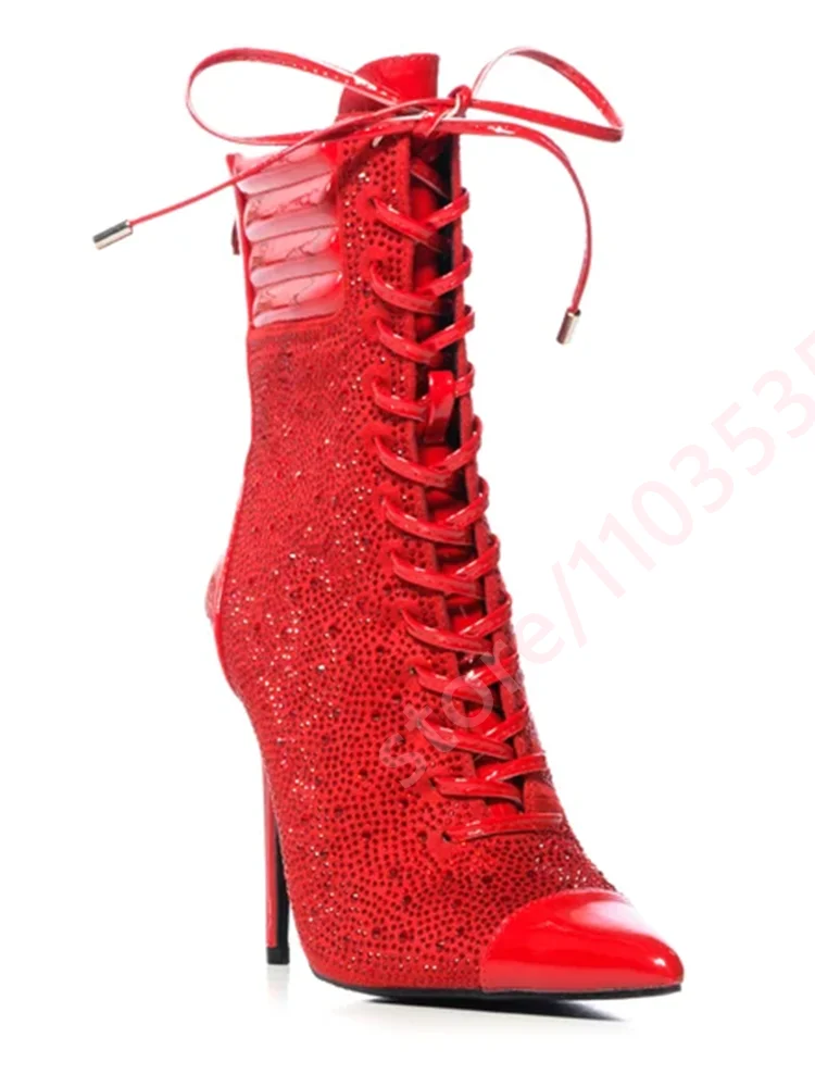 Women Red Rhinestone Mid‑Calf Boots Pointed Toe Patent Leather Toe Lace‑Up Stiletto Nightclub Party Performance Fashion Booties