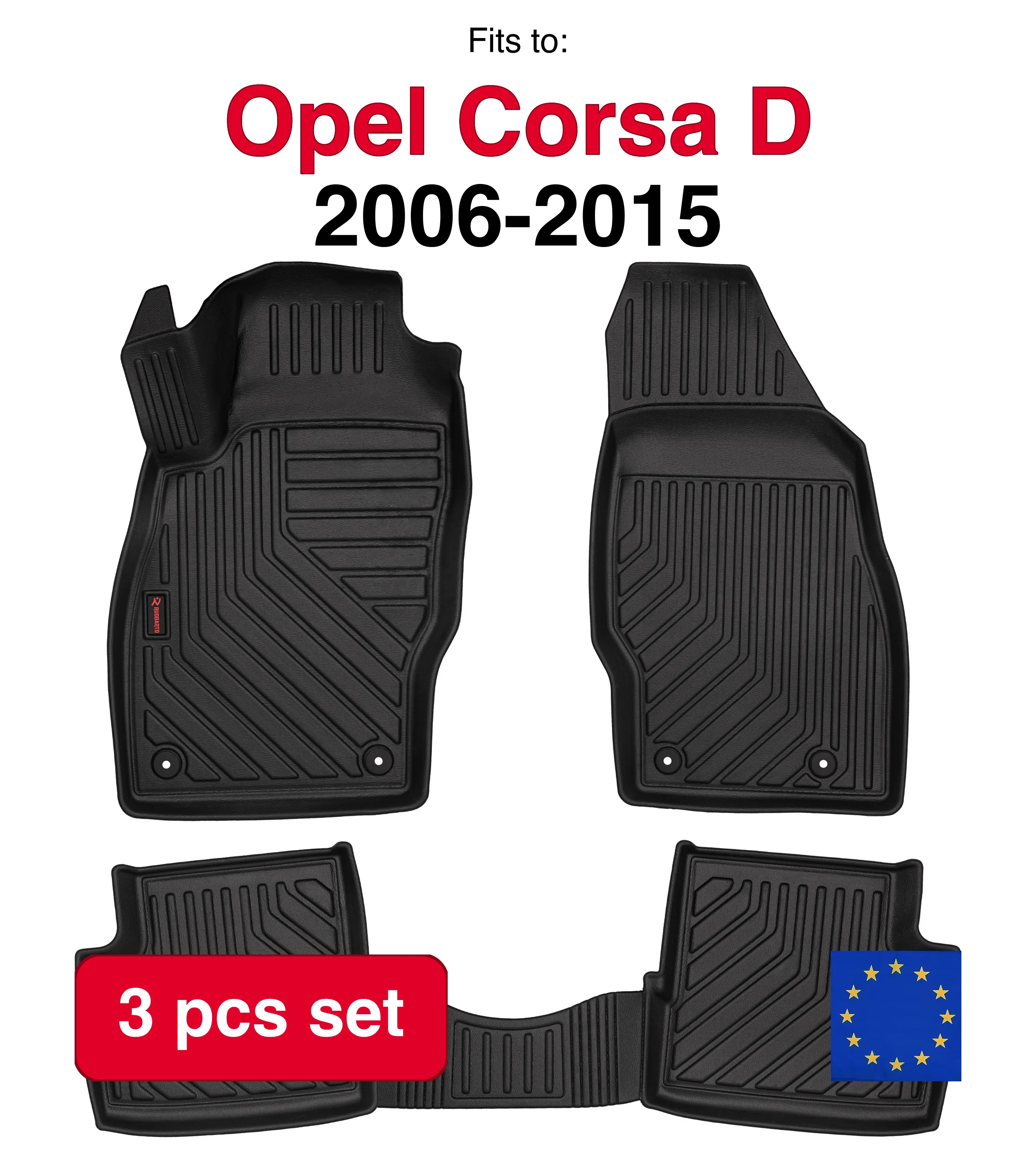 Image of 3D-Gummi-Autoteppiche für Opel Corsa D Schrägheck (2006–2015) – Schwarz, passend (3 Stück)