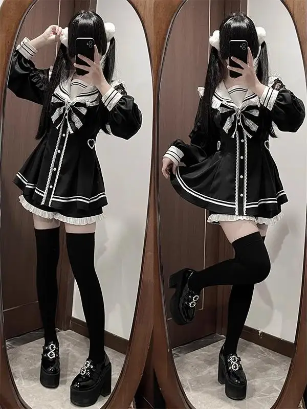 Gaun Mini ramping lengan panjang berenda kerah pelaut gaya Jepang gaun Mini pinggang tinggi celana pendek bawah manis Lolita Set dua potong wanita