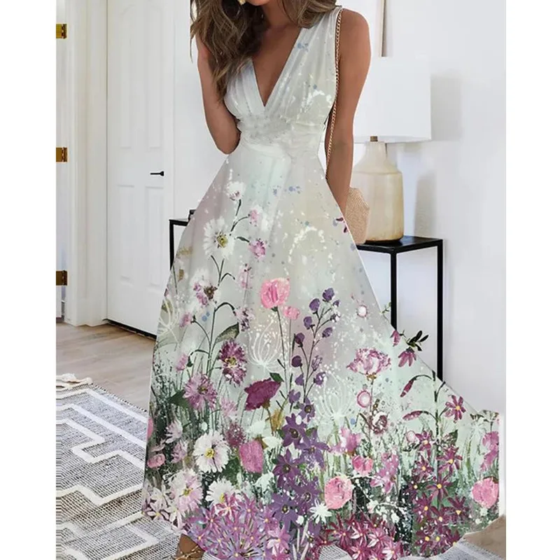 Women Dress Summer 2024 New Green Sleeveless Boho A-LINE Backless Shirring Long Dress Trendy Elegant Maxi Dress for Women Beach