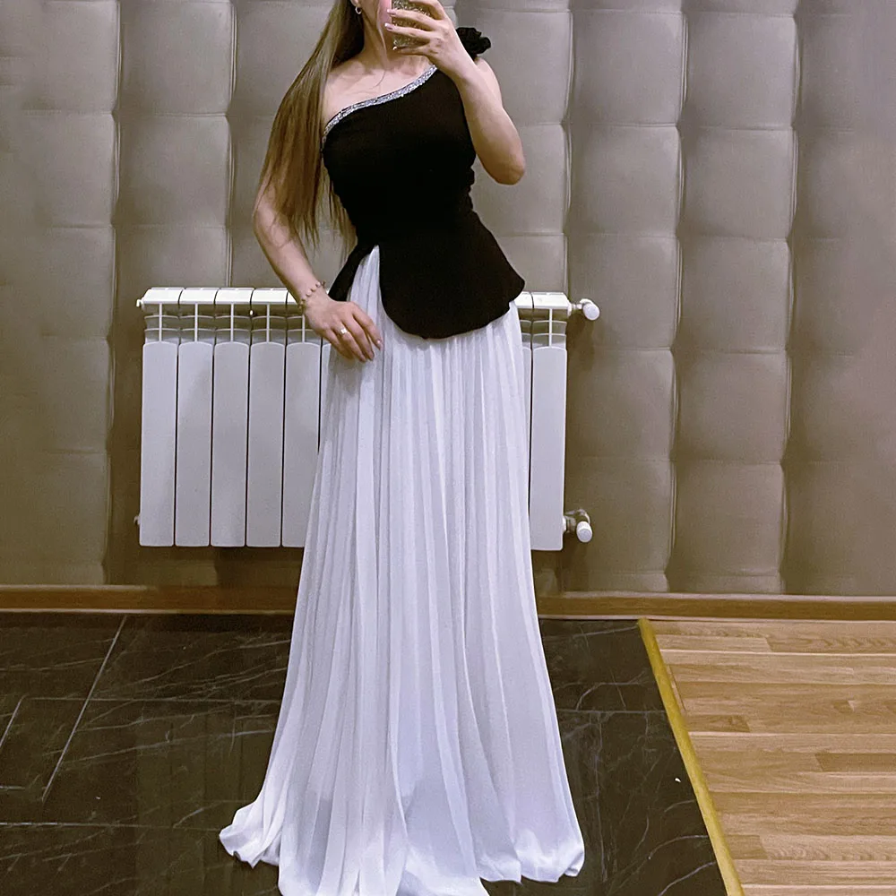 

Customized A-Line Prom Dresses Floor-Length One-Shoulder Sleeveless Evening Gown Fashion Flowers Sequined Draped Party Gown