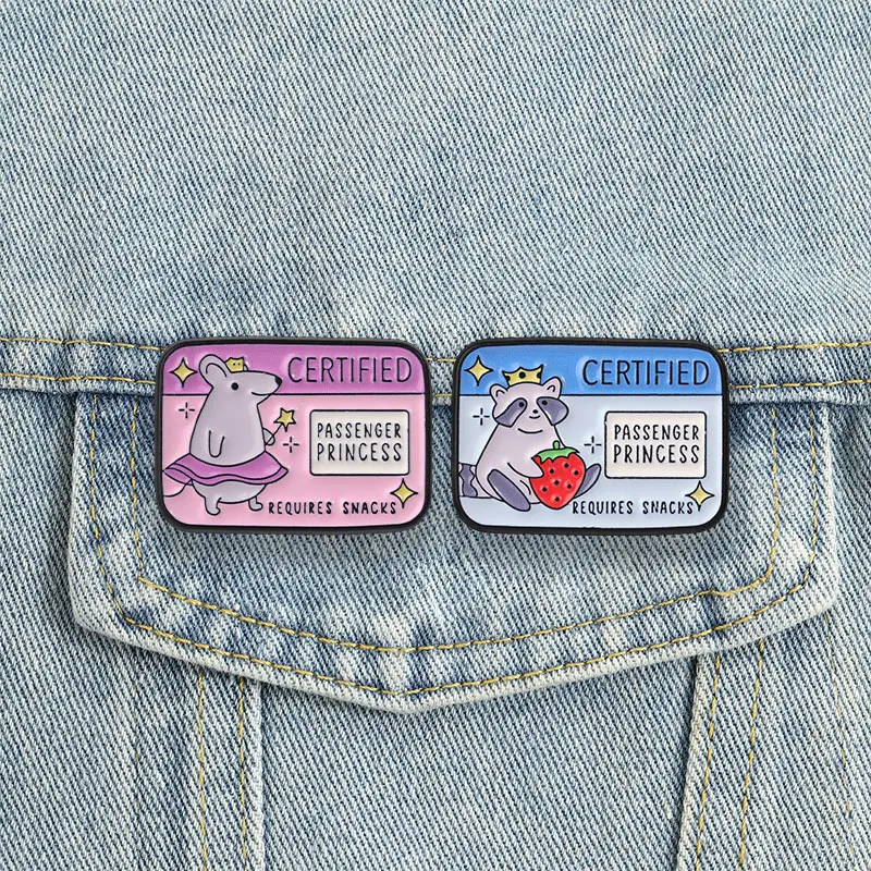 Raccoon Rat Badge Certified Passenger Princess Enamel Pins Cartoon Animal Crown Mouse Brooch Gift Accessories Decor
