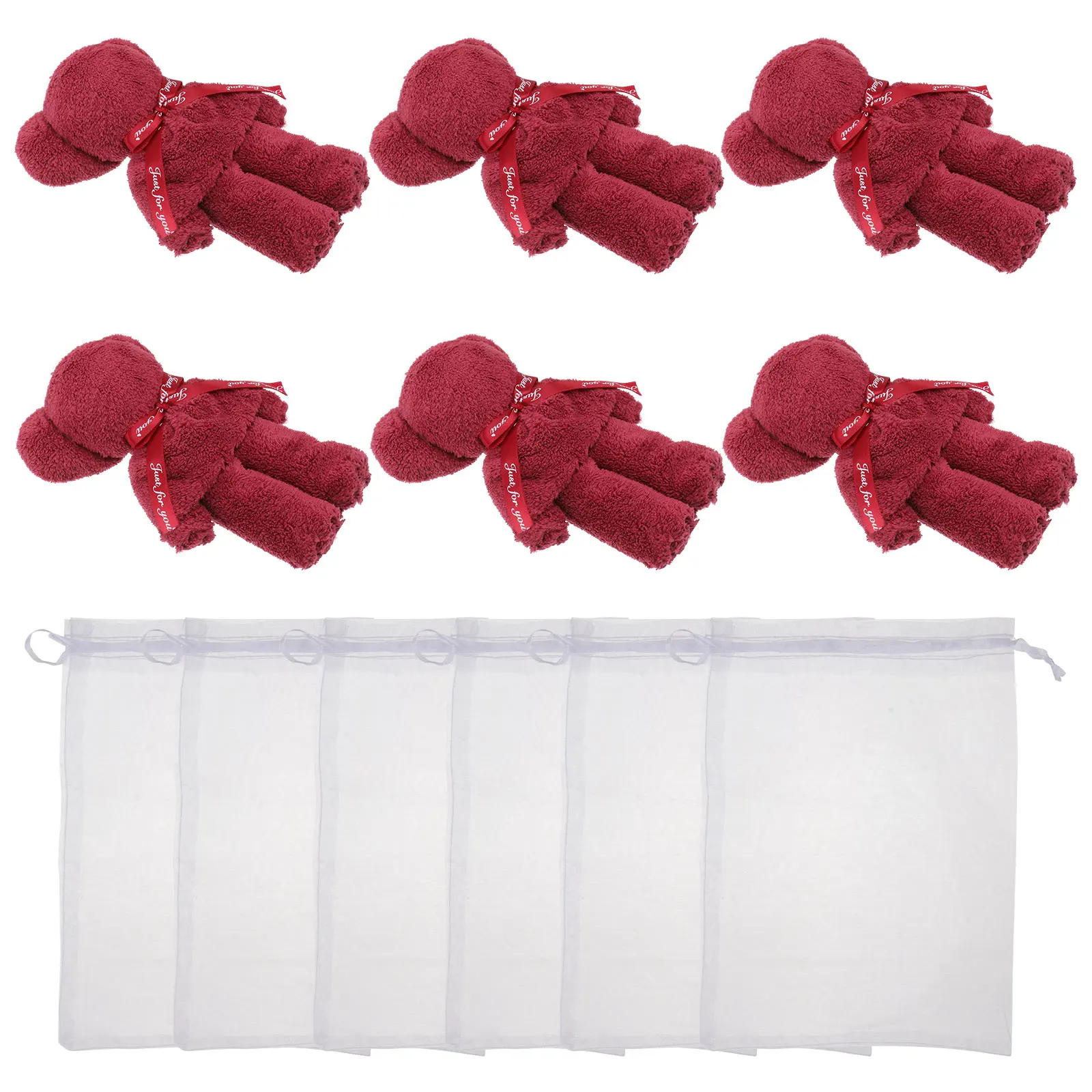 

1 set Bear Shaped Towel Gift Wedding Party Souvenir Cartoon Bath Towel Bright Color Thick Cotton Washcloth Mesh Bag Included