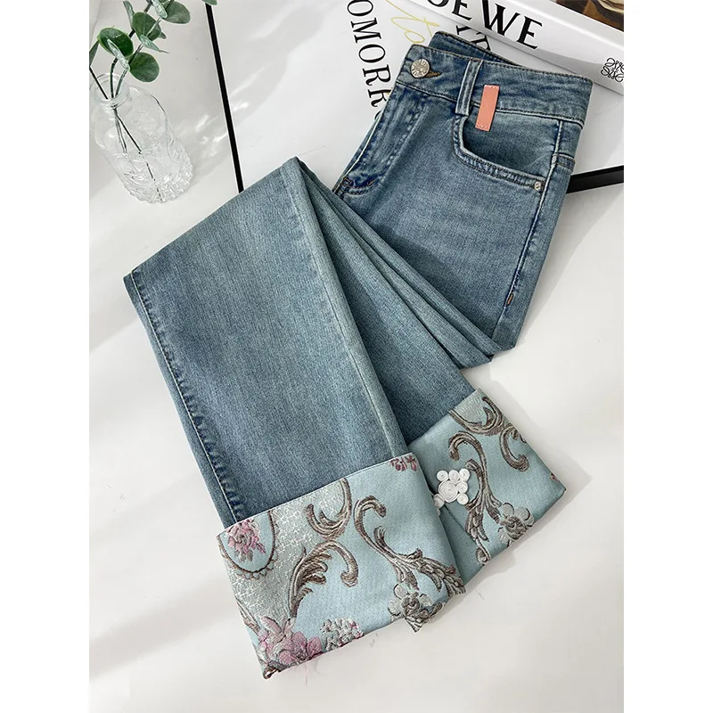 New Chinese embroidered jeans women's spring and autumn heavy industry national wind straight leg pants