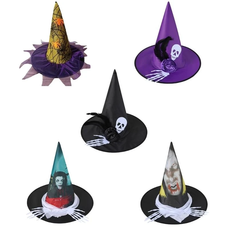 Q39C Cappello da strega Halloween con mano scheletrica Cappello da mago per feste Berretto da strega a punta unisex Copricapo