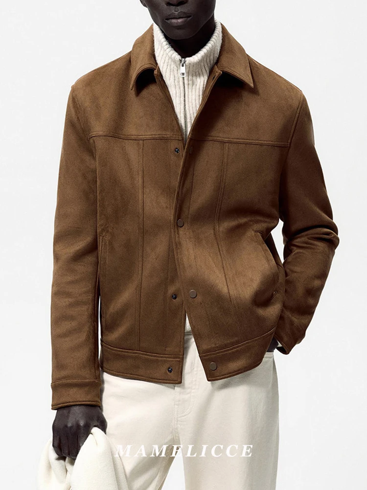MAMELICCE Original design Faux suede Vintage color turn-down collar jacket Slim and short Men's clothing tops