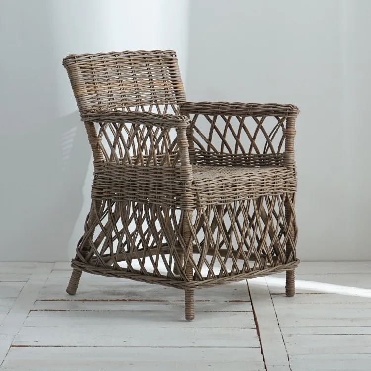 Natural B & B Balcony Courtyard Lazy Sofa Chair, Wabi Sabi Wind Retro Rattan Chair with Cushion