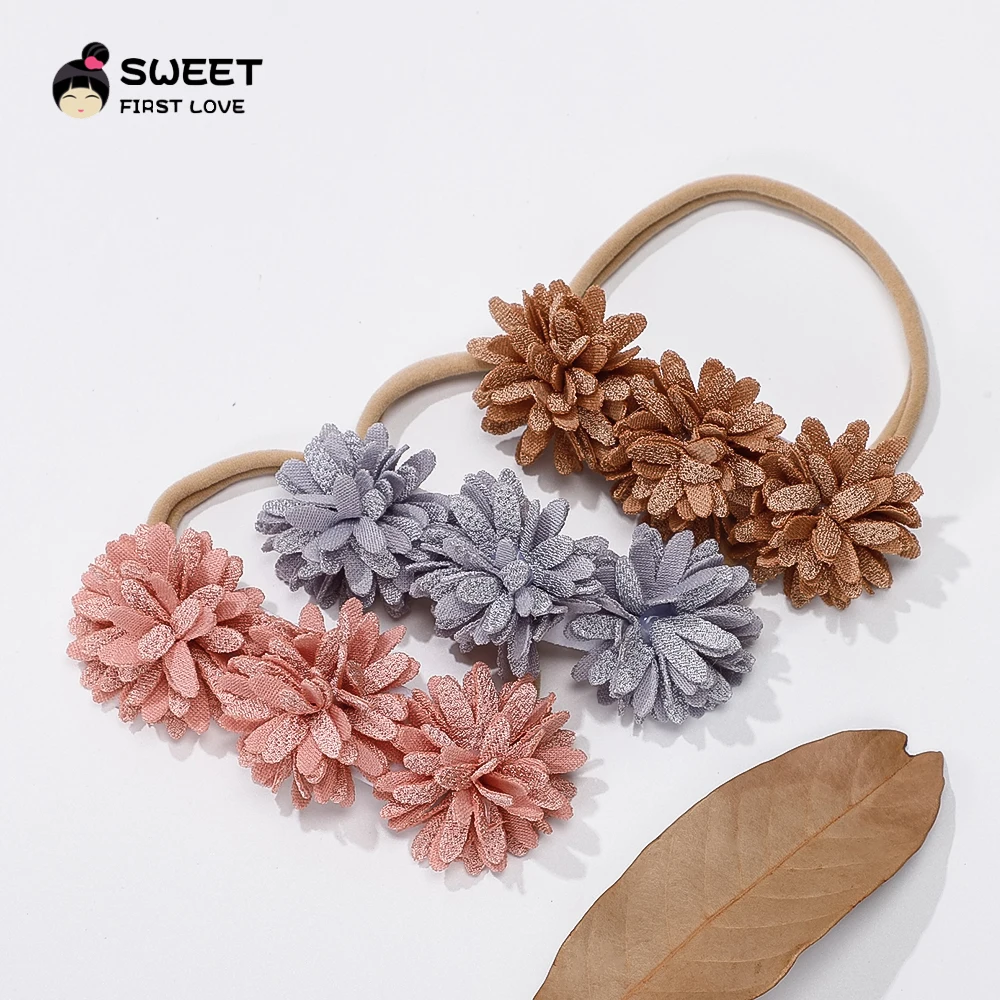 Hair Band For Girls Three Flowers Handmade linen Fabric Soft Nylon Elastic Baby Headband For Kids headdress Hair Accessories