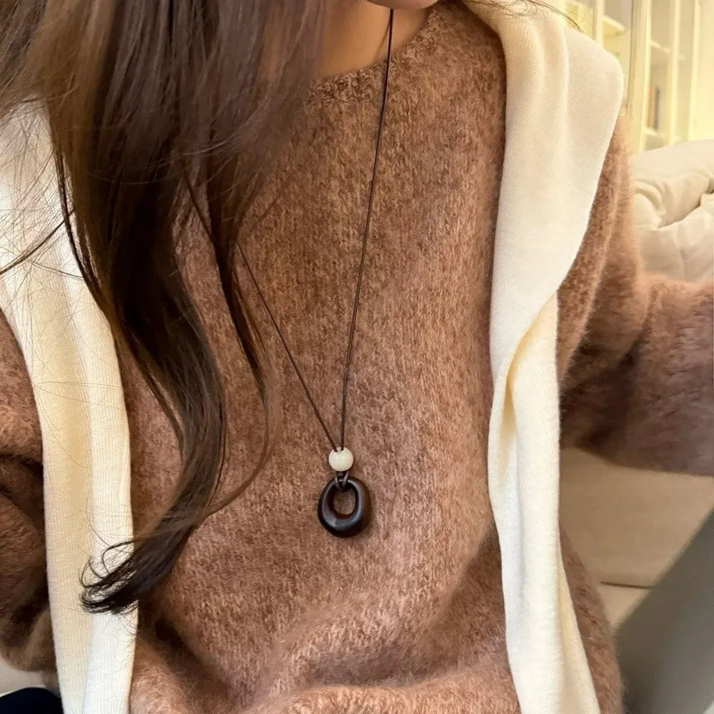 Irregular Hollow Circular Resin Pendant Leather Rope Adjustable Length Geometric Pendant Wooden Circular Circle Pendant Women