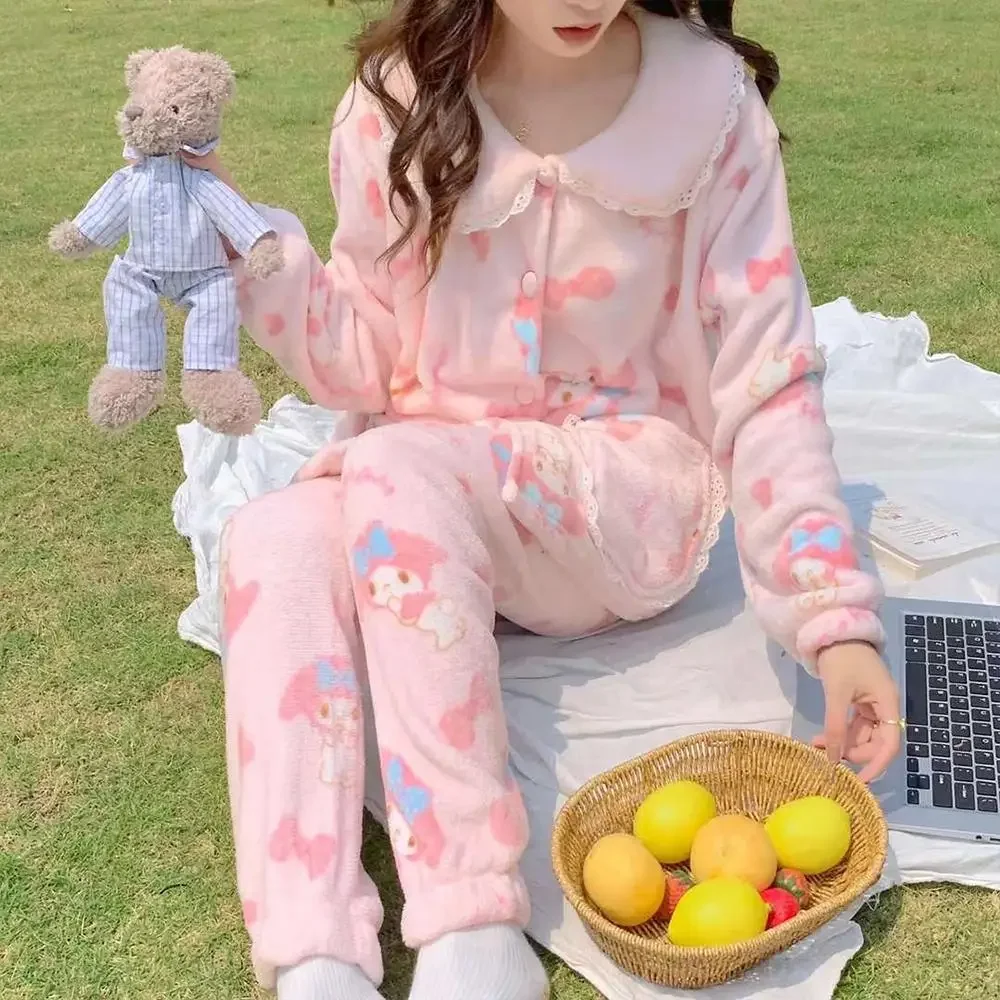 Sanrioed My Melody Pink Plush Pajamas Suit Home Clothes Coral Fleece Soft Kawaii Cardigan Tops Pants 2Pcs Set Women Sleepwear