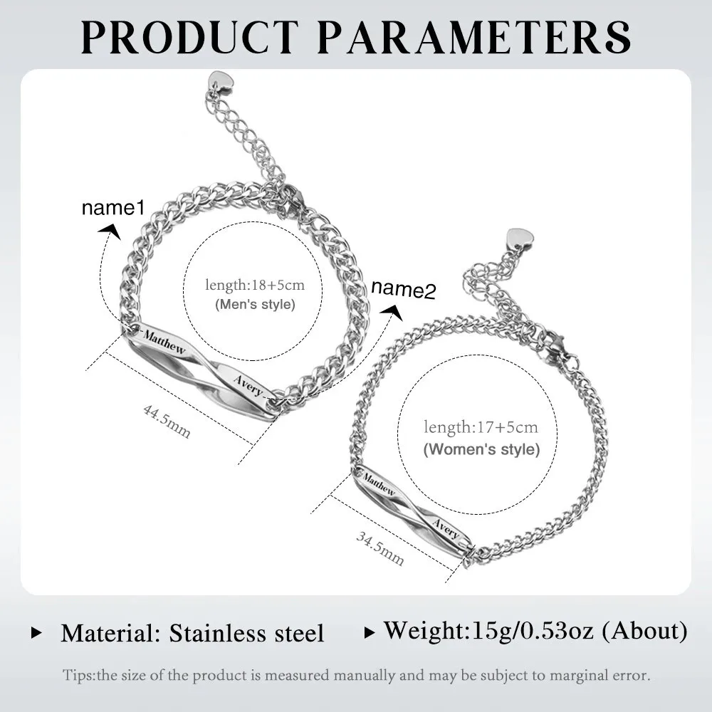Couple's Customized Text Symbol Bracelet, DIY Engraved Stainless Steel