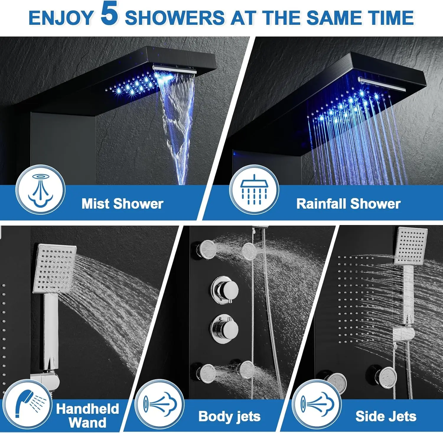 ROVATE Shower Panel System Led Lights Stainless Steel Rainfall Waterfall 5 Body Jets Handheld Water Powered Led Tower Column