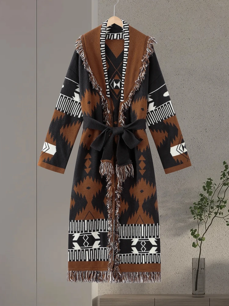 

Винтажный женский длинный кардиган с бахромой, на шнуровке, с длинными рукавами, V-образным вырезом, свободный, плотный свитер, женская уличная вязаная одежда весна-осень 2026