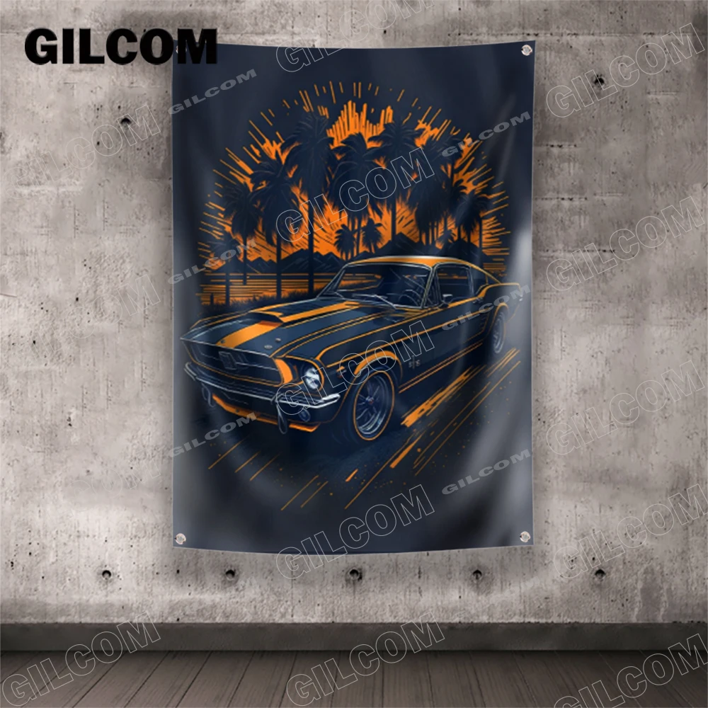 Flag Retro  80S Colorful Car Racing Poster Advertise Logo Sport Outdoor Club Digital Printing Banner Tapestry Brass Grommet