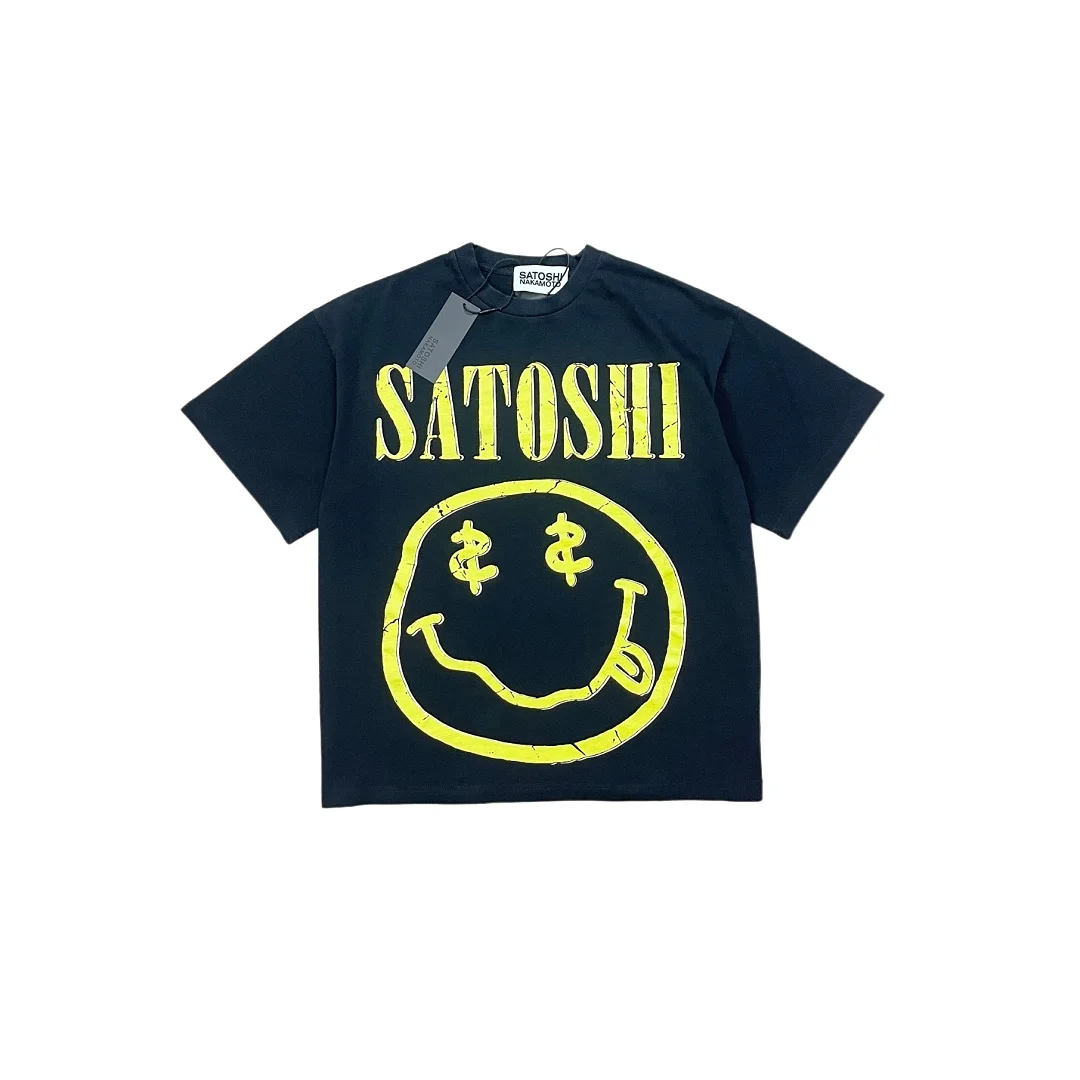 Fashion Cracked SATOSHI Dollar Eyes Smiley Print T-shirt Men Oversized Loose Streetwear Hip Hop Casual Cotton Short Sleeve Tee