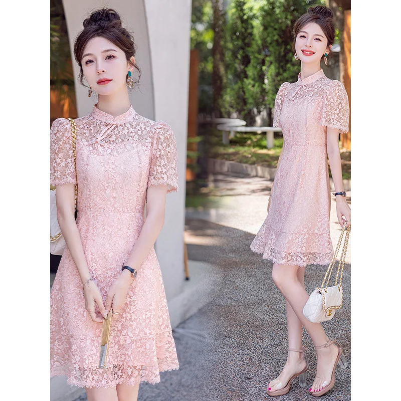 2024 Summer Women's New Chinese Style Retro Lace Improved Cheongsam Slim Fit Slimming and Fashionable Dress