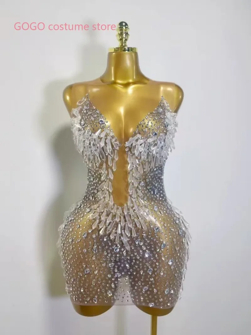 Luxury Sexy Women Mesh Crystal Diamonds Mini Dress Birthday Party Costume Nightclub Stage Performance Singer Outfit