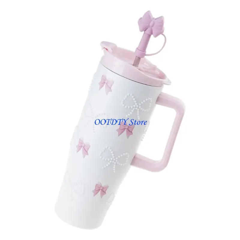 367A Large 1200ml Stainless Steel Water Bottle with Dustproof Straw Lid and Elegant Pearls Detail for Sports Enthusiasts