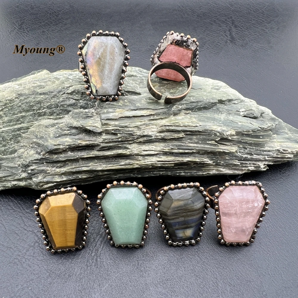 10PCS Bohemia Gothic Witch Jewelry Natural Crystal Quartz Labradorite Stone Adjustable Rings For Women MY231111