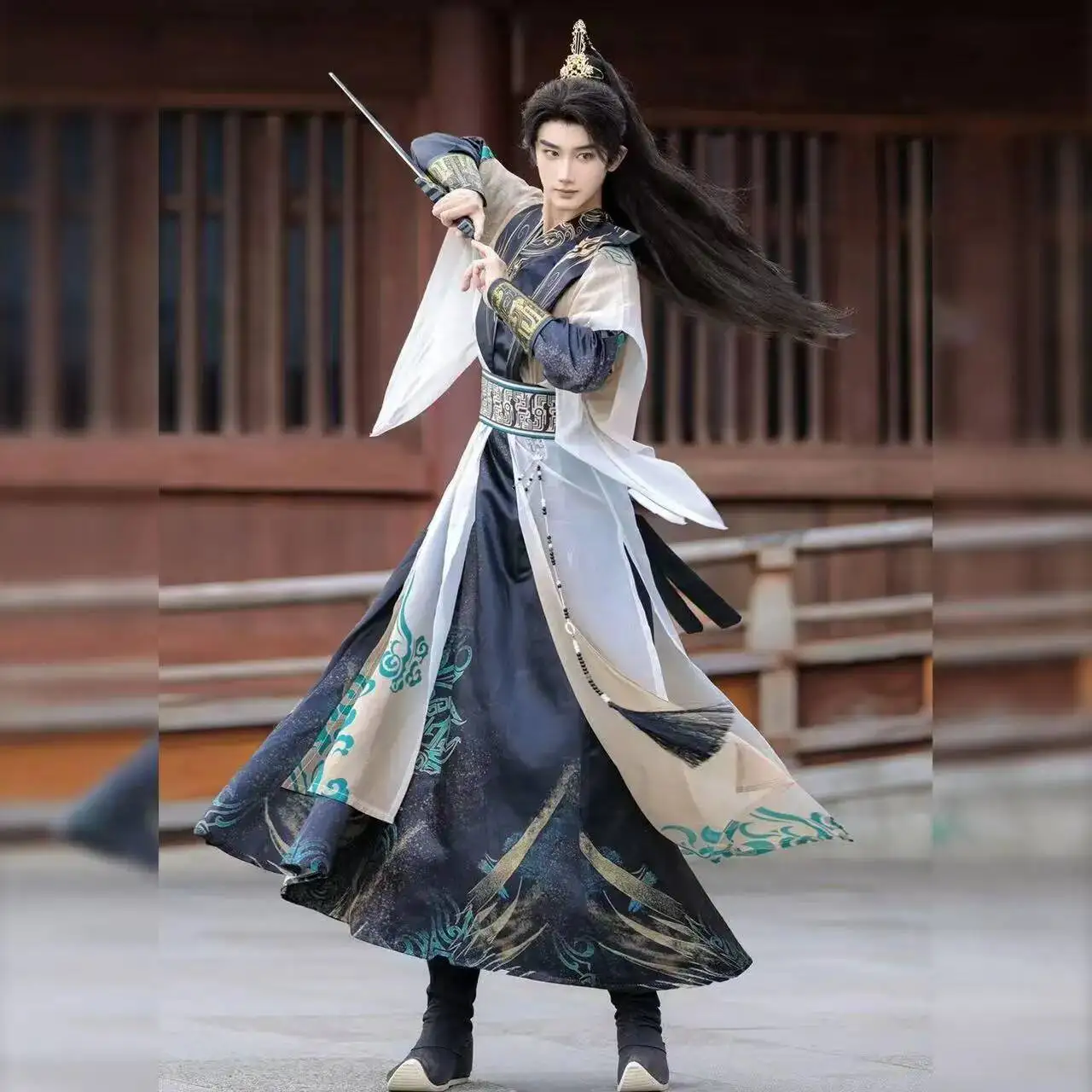 Prince Hanfu Cosplay Costume Traditional Chinese Cross Collar Wuxia Martial Clothing with Ancient Bronze Ware Elements for Men view 2