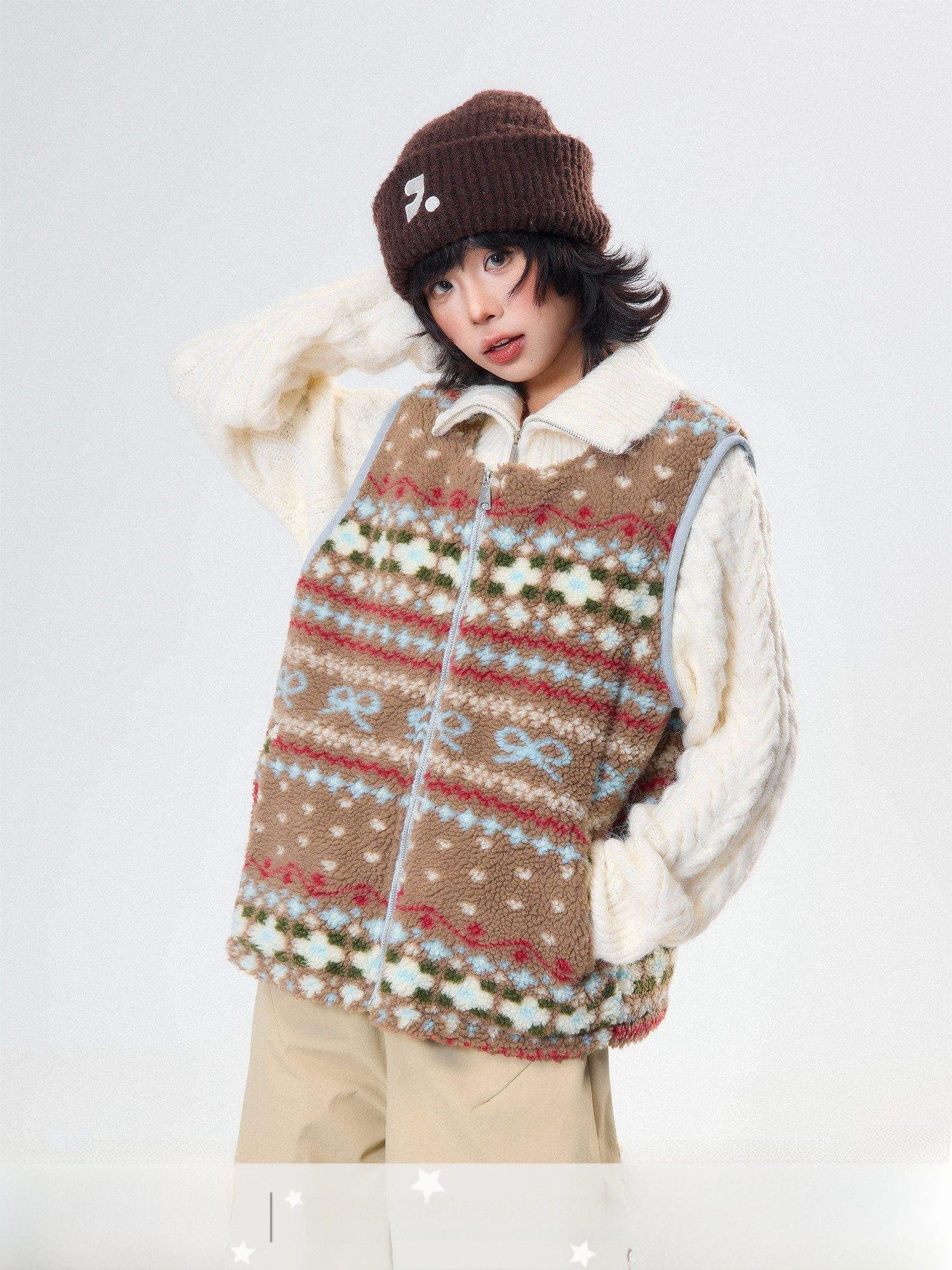 

Двусторонний носимый жилет из овечьей шерсти для женщин, зимний модный кардиган свободного кроя, теплая верхняя одежда, винтажный узор Fair Isle от MKGO