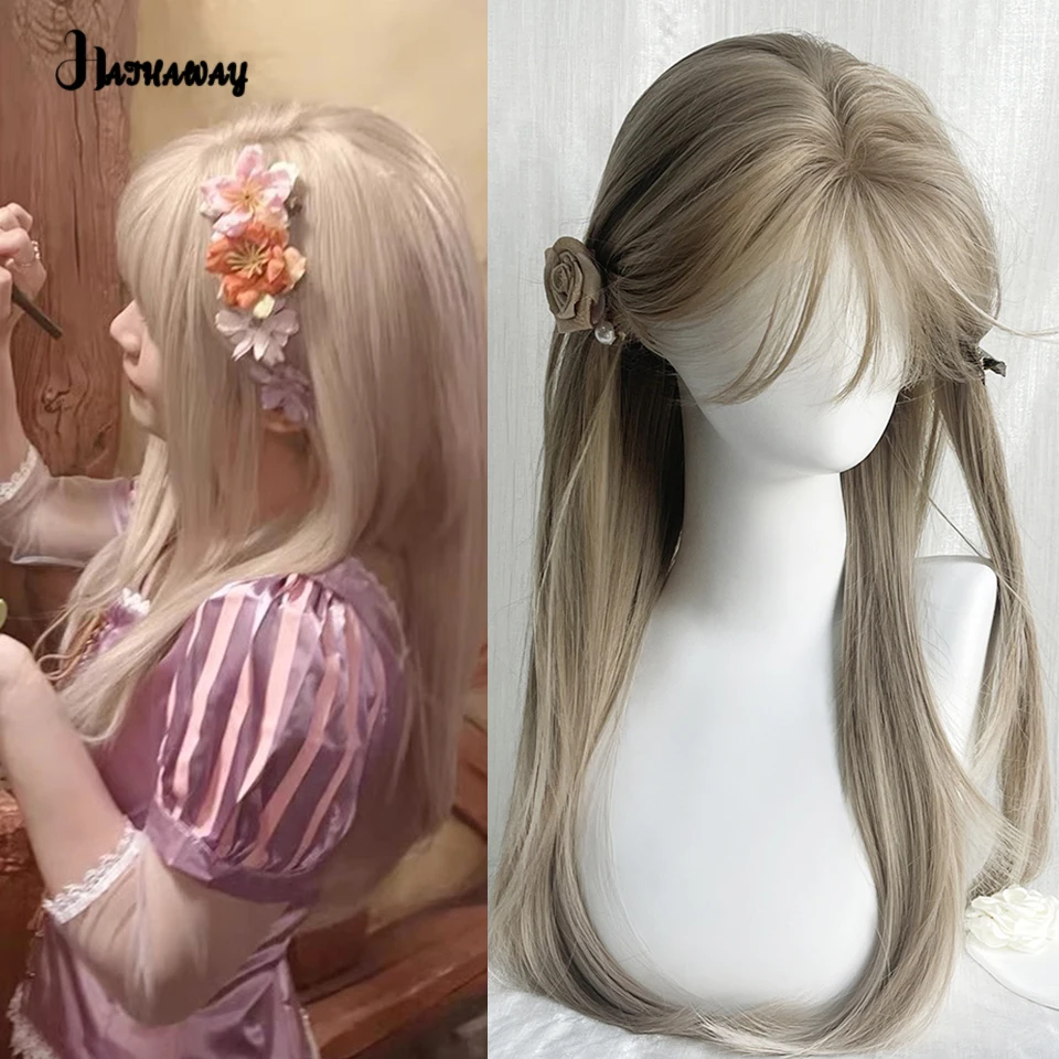 20 Inch Long Straight Hair Female Synthetic Wig Long Straight Hair New Milk Tea Beige Long Straight Hair Lolita Cosplay Wear Wig