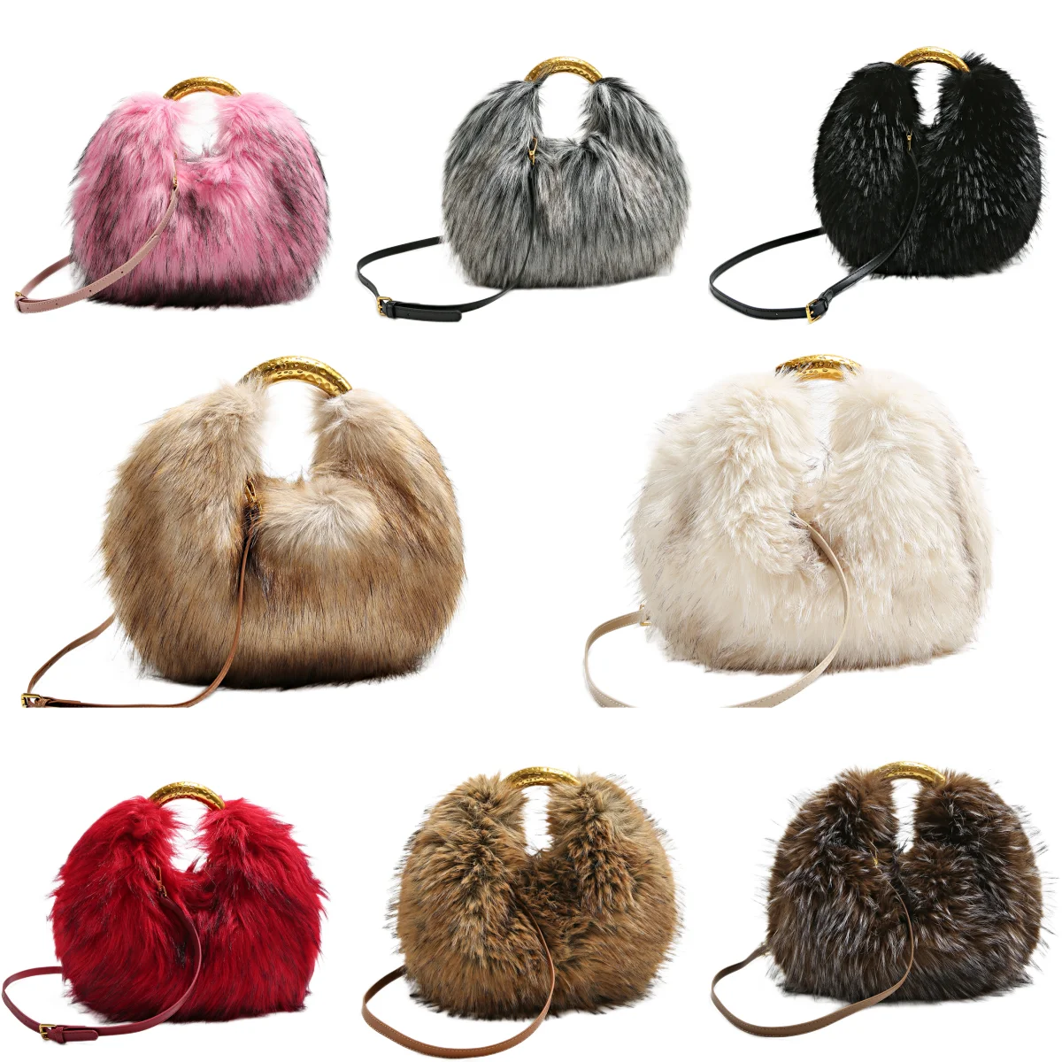 Multi Color Faux Raccoon Fur Plush Handbag, Removable Strap Crossbody Shoulder Tote Bag for Women, Winter Soft Fluffy Daily Bag