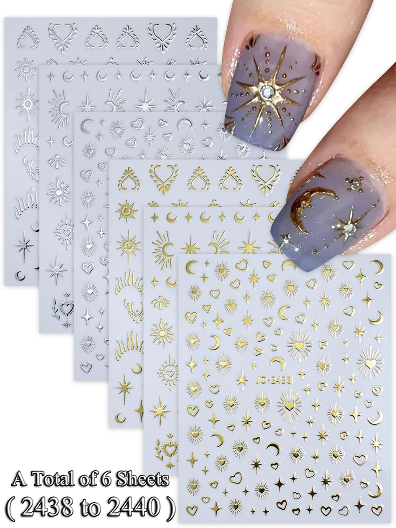 6/12/24 Vellen Gouden & Zilveren Ster, Maan & Hart Nagelstickers, Zelfklevende 3D Nageldecoratie Stickers voor DIY Manicure Decoratie