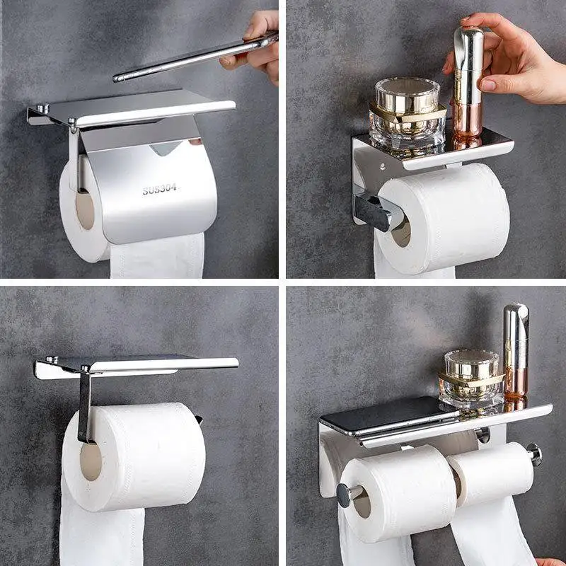 304 Stainless Steel Toilet Paper Holder Wall Mounted No Drilling Required Bathroom Towel Rack Hotel Bathroom Phone Stand