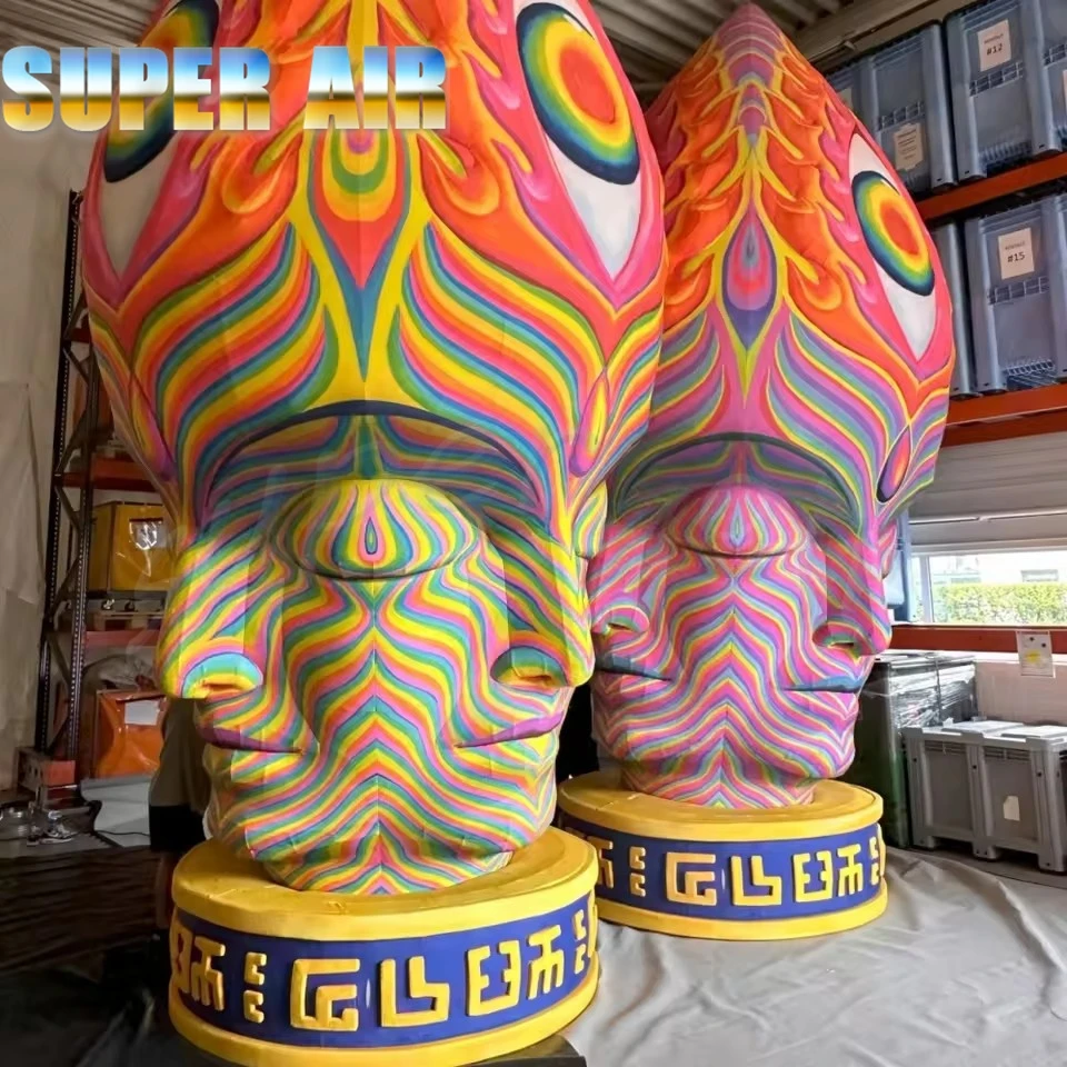 Giant Psychedelic Inflatable Alien Head Sculpture with Trippy Rainbow Print for Art Installation