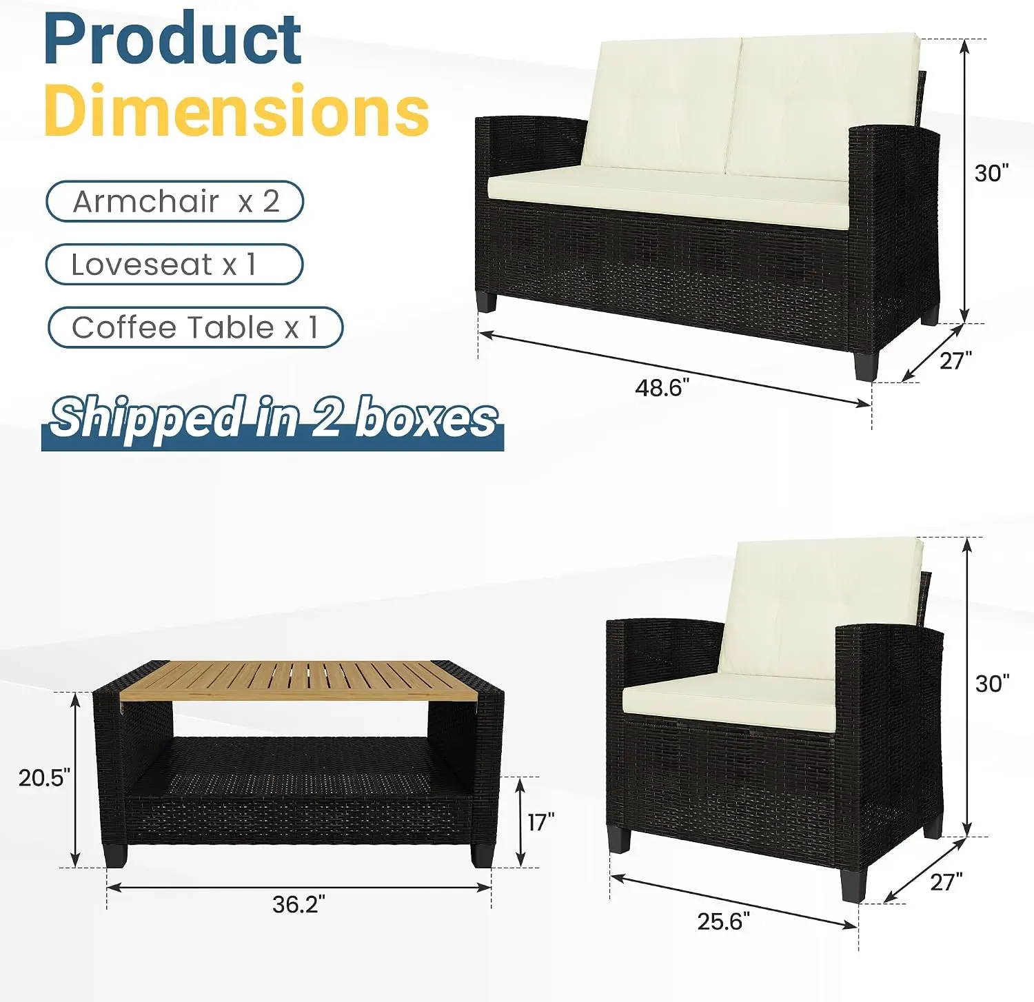 Wicker Patio Furniture Set All Weather 4 Piece Outdoor Seating High Back Wide Armrest Beige Wood Backyard Balcony Deck Use