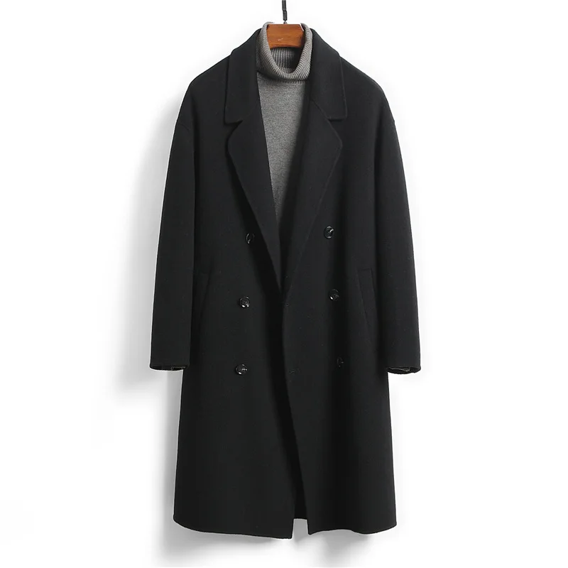 Men's Solid Color Double Sided Wool Overcoat Fashion Double Breasted Lapel Long Slim Trench Coats Business Wear Autumn Winter