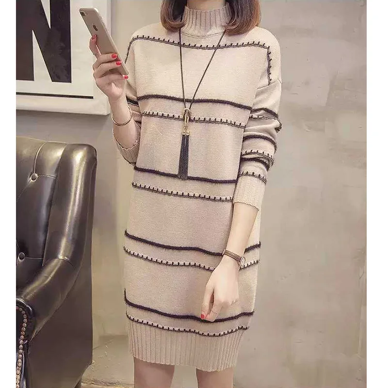 Fashion Knitted Spliced Loose Striped Casual Dresses Female Clothing 2023 Autumn New Long Sleeve Mini Dress