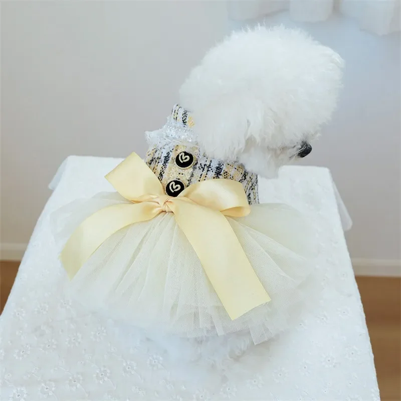 Pet Yellow Princess Dress Plaid Tulle Patchwork Costume Festival Party Styling Accessories For Small Dog Cat Wedding Party