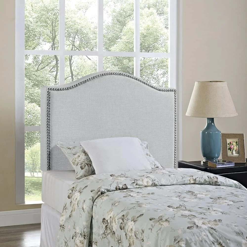 

Elegant Upholstered Twin Headboard with Nailhead Trim Adjustable Height Curved Shape Linen Fabric Frame Bedroom Decor