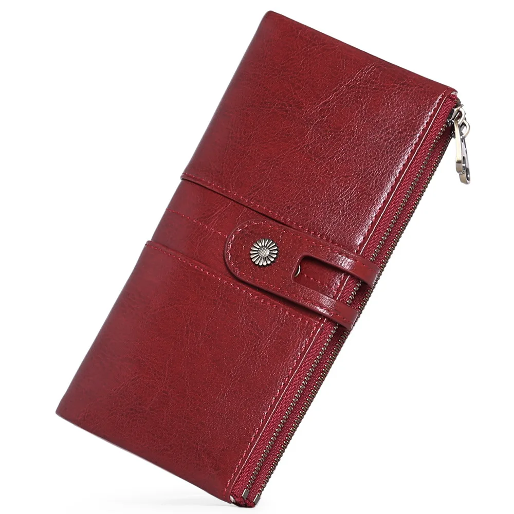 Genuine Leather Women's Long Wallet RFID Blocking Oil Wax Cowhide Women Coin Purses Vintage ID Credit Card Holder for Ladies