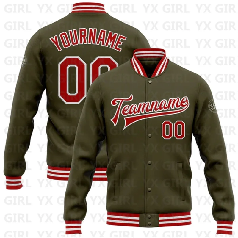 

Custom Olive Red-White Bomber Full-Snap Varsity Letterman Salute To Service Jacket 3D Printed Baseball Button Jacket