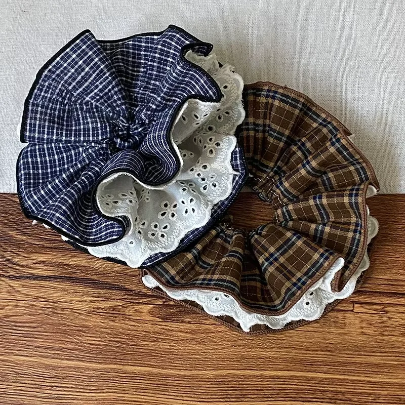 

1PC Coffee-colored Plaid Vintage Lace Scrunchie, Navy Plaid Literary Girl's Hair Flower