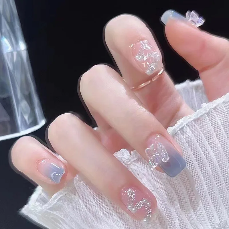 Unhas postiças de chama rosa, Imprensa destacável na cabeça quadrada, Ballet curto Wearable, cobertura completa, unhas acabadas encantadoras, 24pcs por caixa